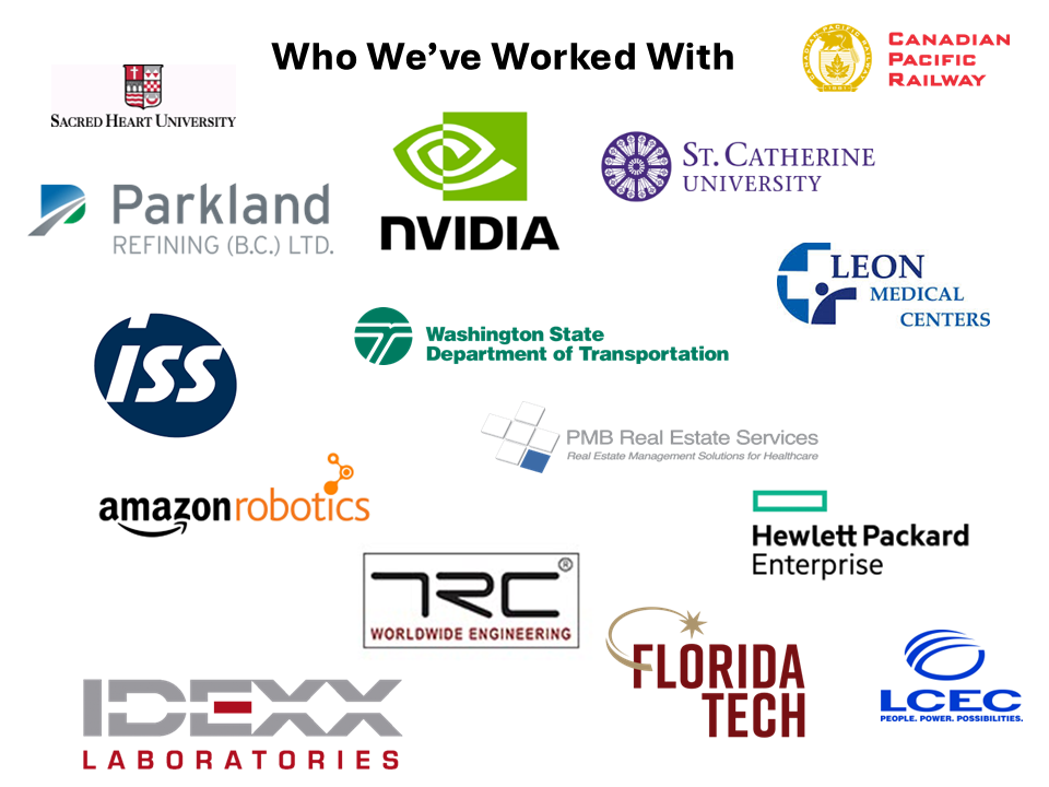 Selection of IDN clients including Sacred Heart University, Canadian Pacific Railway, Parkland Refining, NVIDIA, St. Catherine University, ISS, Washington State Department of Transportation, Leon Medical Centers, Amazon Robotics, PMB Real Estate Services, Hewlett Packard Enterprise, TRC Worldwide Engineering, Florida Tech, LCEC, and IDEXX Laboratories.